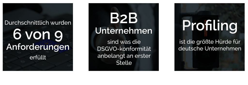 Durchschnittlich werden 6 von 9 Anforderungen erfüllt I B2B-Unternehmen an ersteer Stelle I Profiling ist die größte Hürde