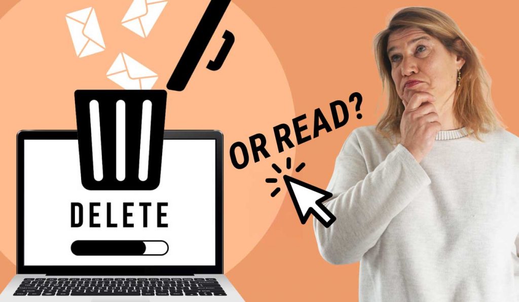 Eine zweifelnd guckende Frau und ein grafisch gestalteter Laptop mit "Delete or Read".